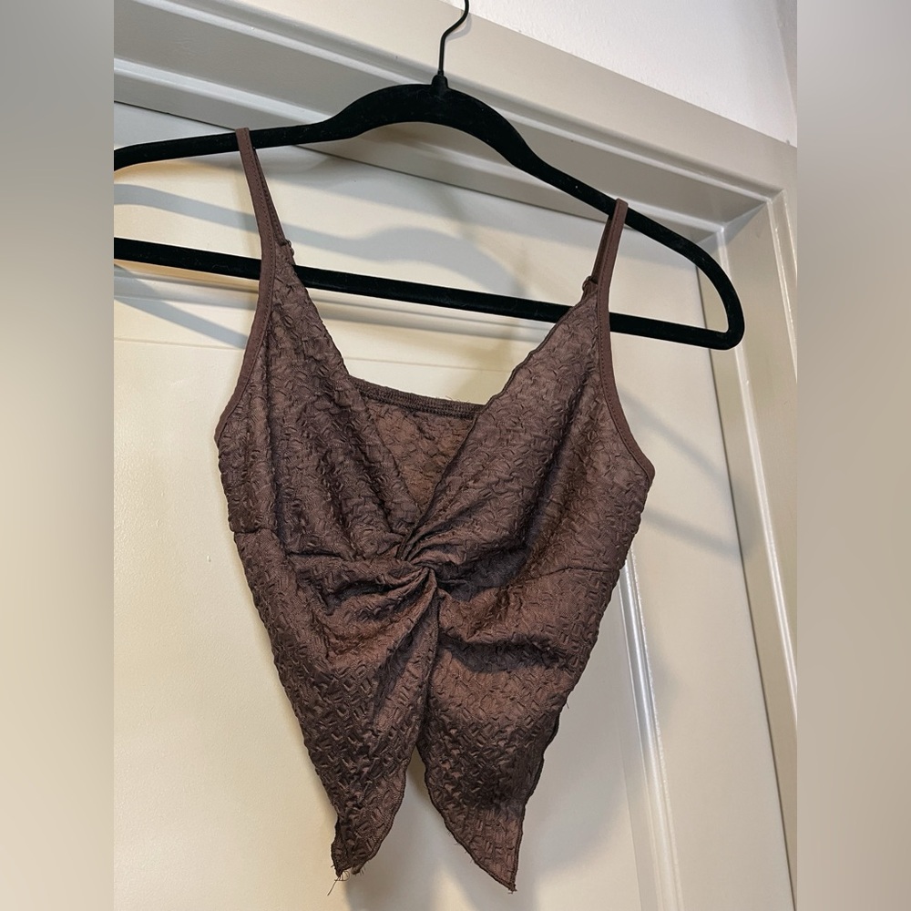 Brown Textured Twist Front Tank Top
